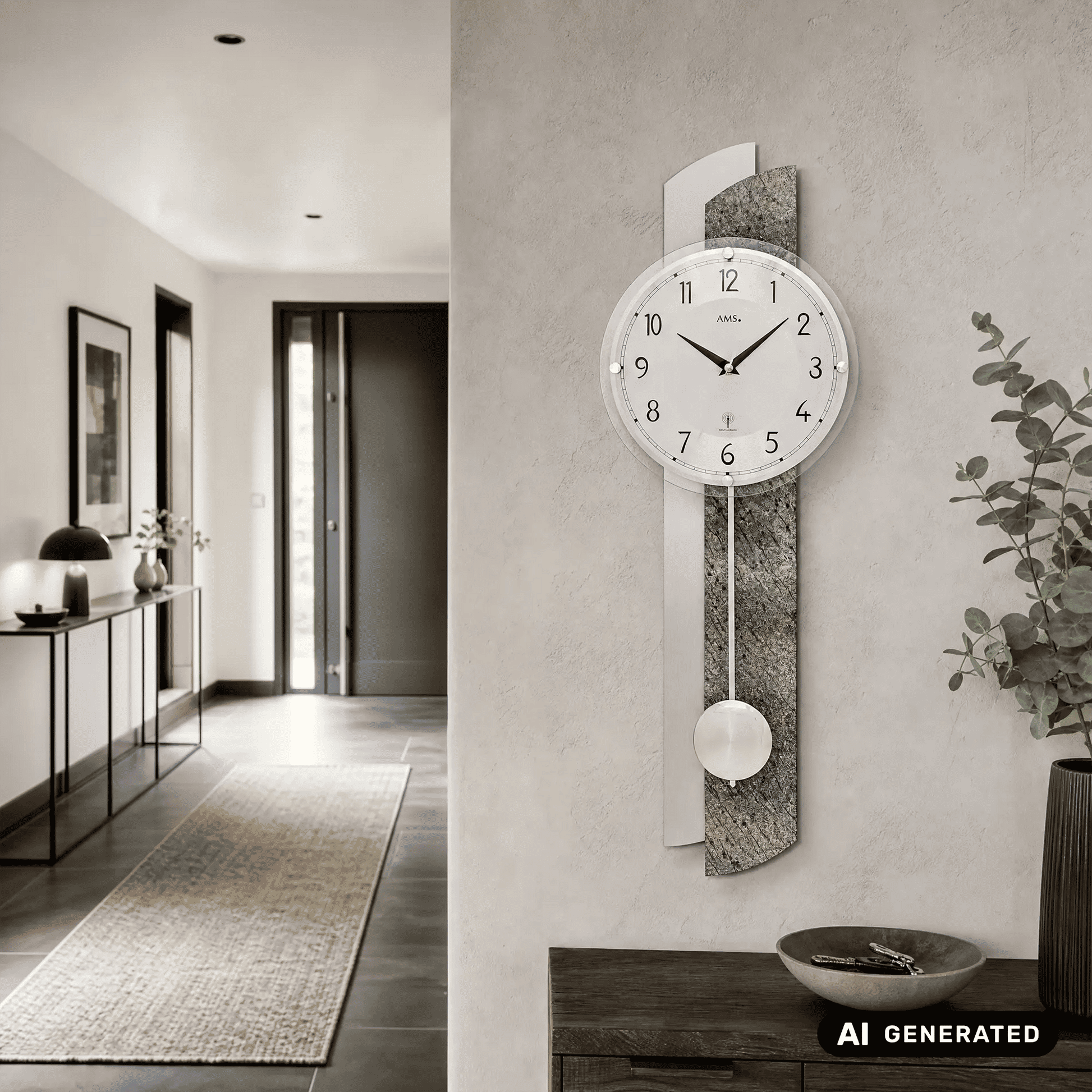 Wanduhr mit rundem Glasziffernblatt und Pendelpendel, an grauem Steinpaneel befestigt