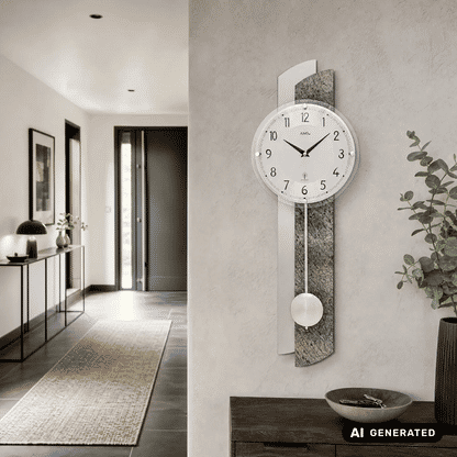 Wanduhr mit rundem Glasziffernblatt und Pendelpendel, an grauem Steinpaneel befestigt