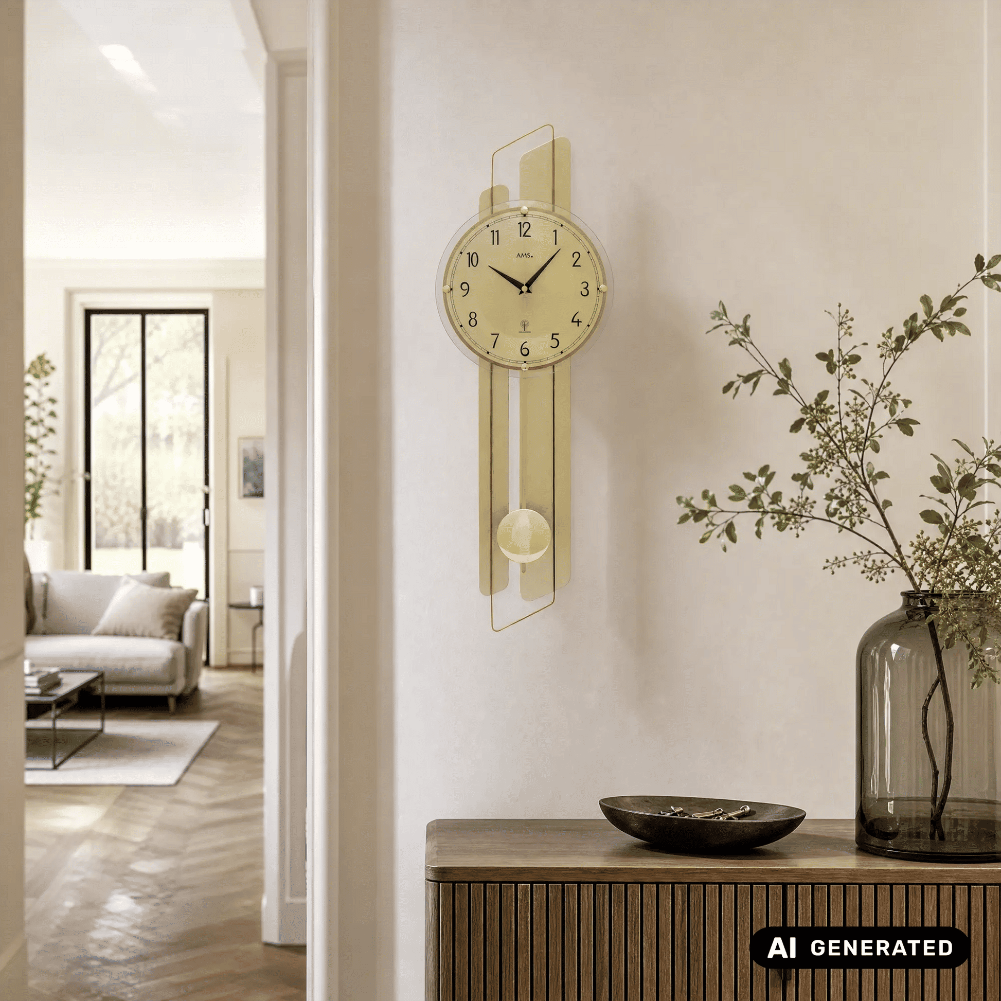 Wanduhr AMS an der Wand mit Messingfront, rundes Glas-Ziffernblatt und Pendelteilen