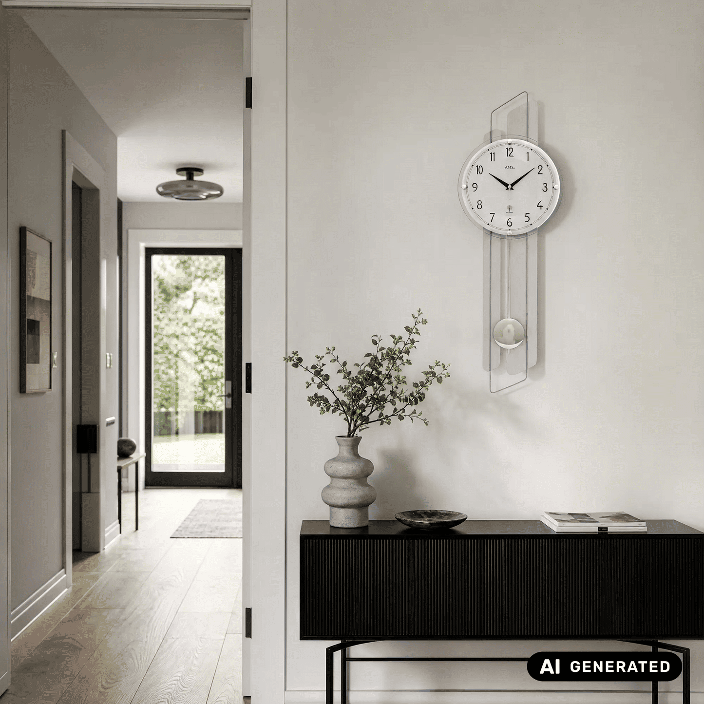 Wanduhr aus Aluminium mit rundem Zifferblatt und hängendem Pendel hinter Glas