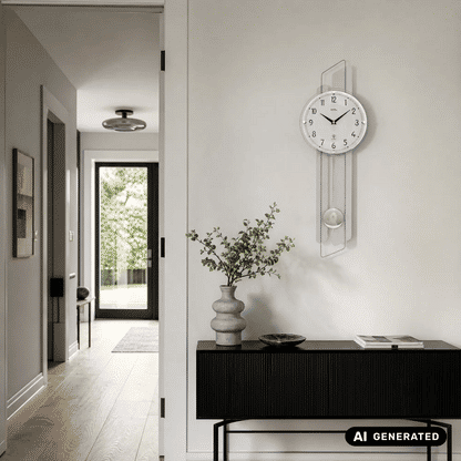 Wanduhr aus Aluminium mit rundem Zifferblatt und hängendem Pendel hinter Glas