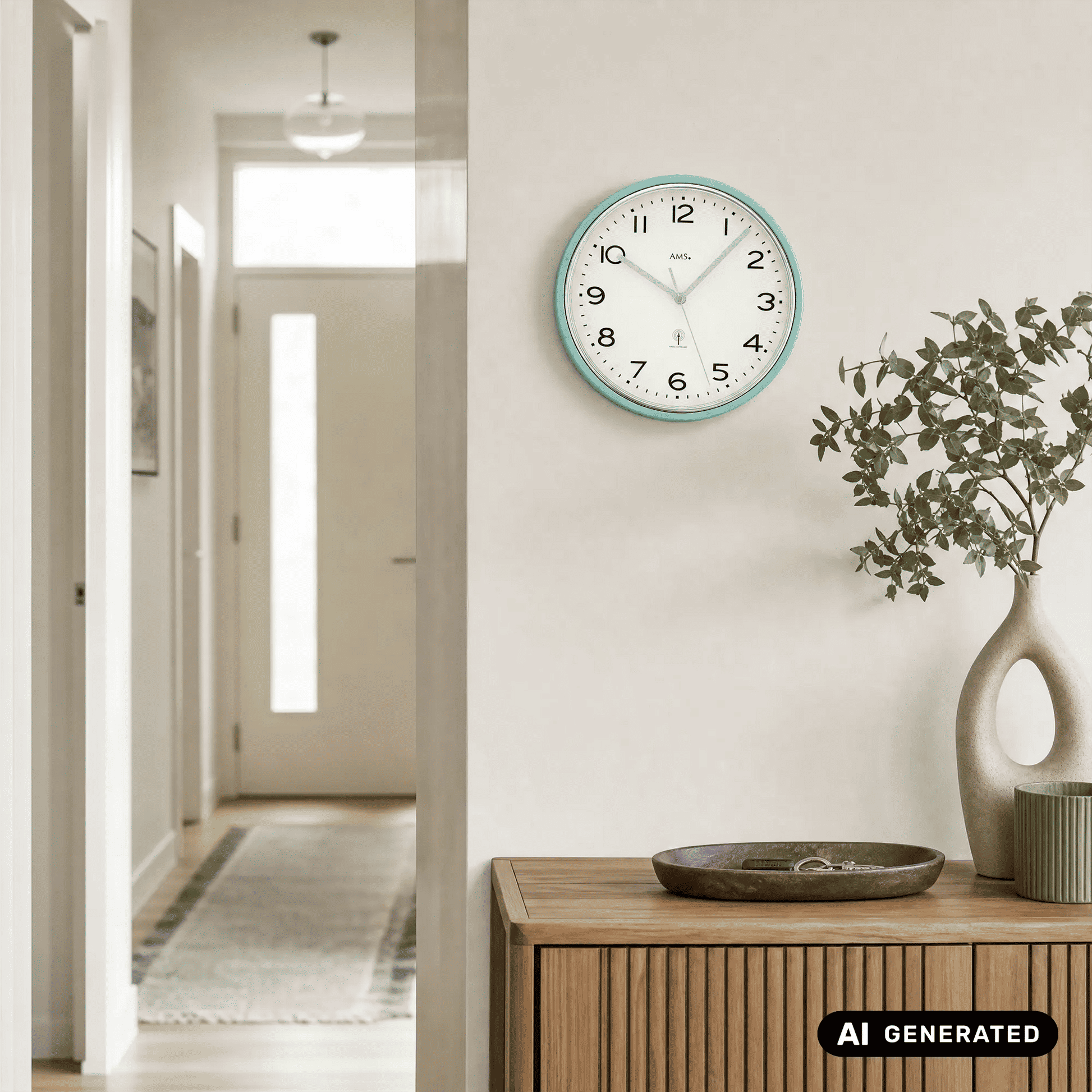 Wanduhr an der Wand mit türkisfarbenem Rand und weißem Zifferblatt, silbernen Zeigern