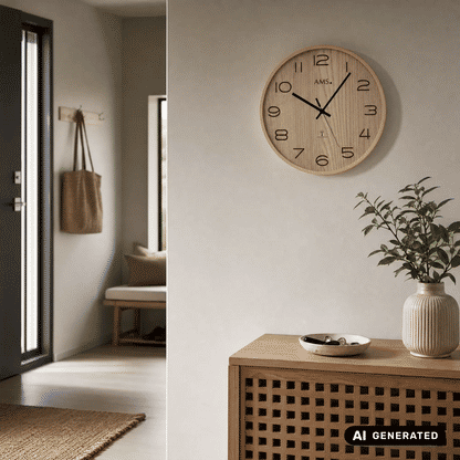 Wanduhr mit Holzgehäuse an Wand, schwarze Zeiger, braune Ziffern und AMS