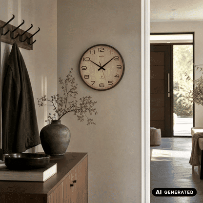 AMS Funk-Wanduhr mit Holz-Zifferblatt und schwarzen Zeigern, Mineralglas