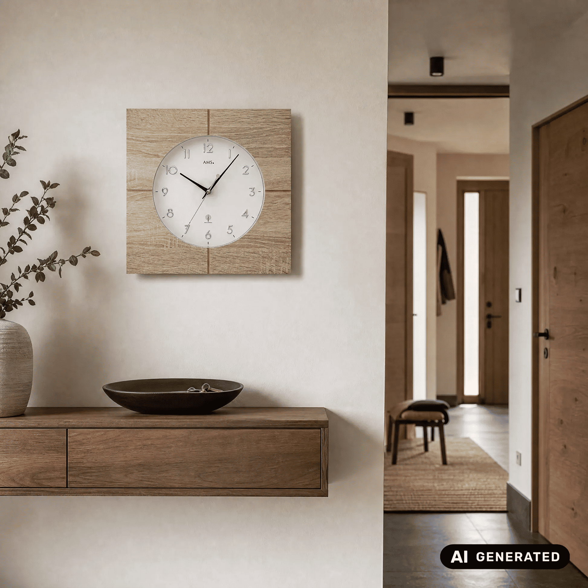 Wanduhr Sonoma-Eiche von AMS an der Wand über Sideboard, rundes Mineralglas-Ziffernblatt