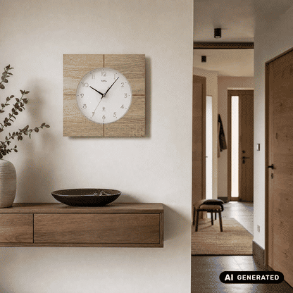 Wanduhr Sonoma-Eiche von AMS an der Wand über Sideboard, rundes Mineralglas-Ziffernblatt
