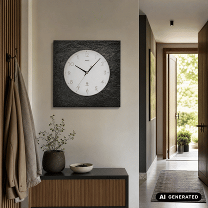 Runde Funk-Wanduhr an der Wand mit schiefergrauem Gehäuse und Mineralglas