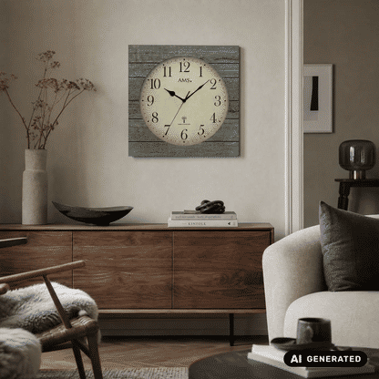 Wanduhr mit grauer Holzstruktur, analogem Zifferblatt unter Mineralglas, AMS