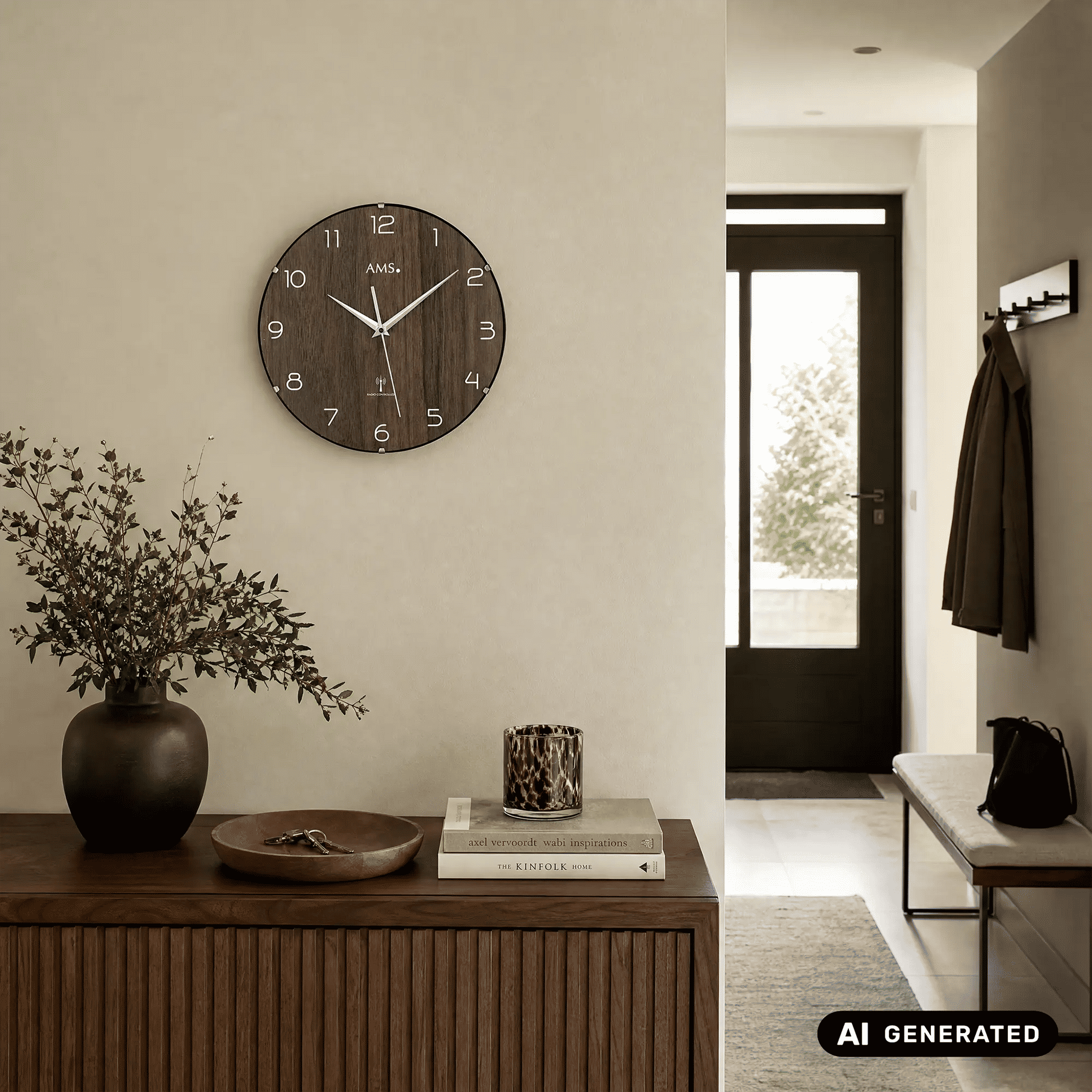 AMS Funk-Wanduhr an der Wand mit gewölbtem Glas, nussbaumfarbener Holzoptik, weißen Ziffern