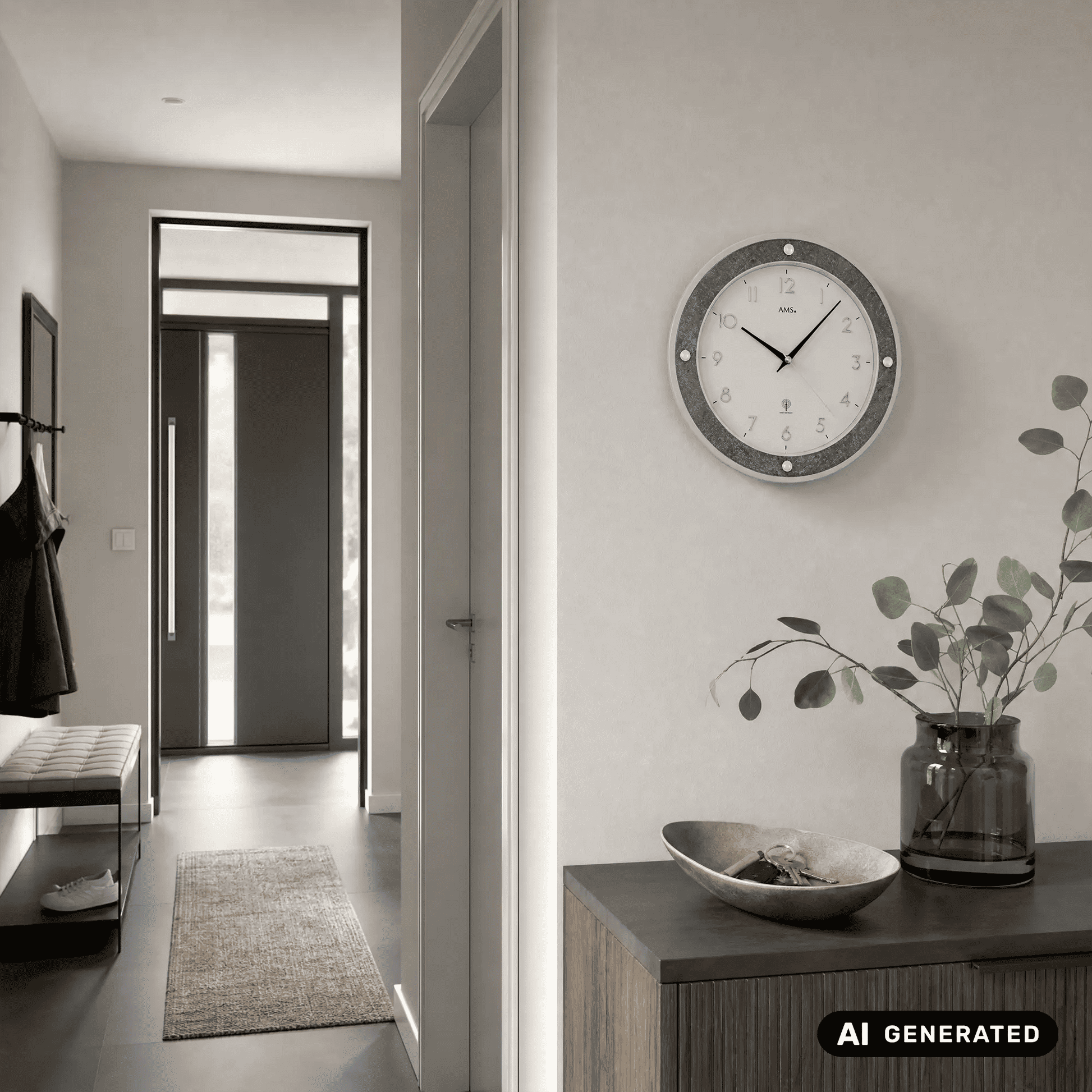 Funk-Wanduhr an der Wand, grauer Kreisrahmen, weißes Zifferblatt mit schwarzen Zeigern