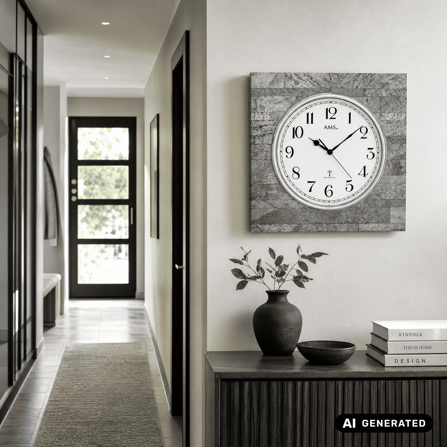 AMS Funk-Wanduhr an der Wand, weißes Ziffernblatt mit schwarzen Zeigern im Anthrazitrahmen