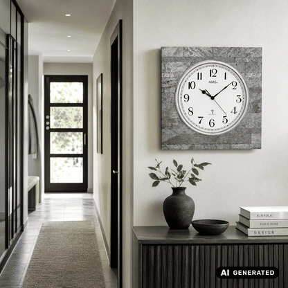 AMS Funk-Wanduhr an der Wand, weißes Ziffernblatt mit schwarzen Zeigern im Anthrazitrahmen