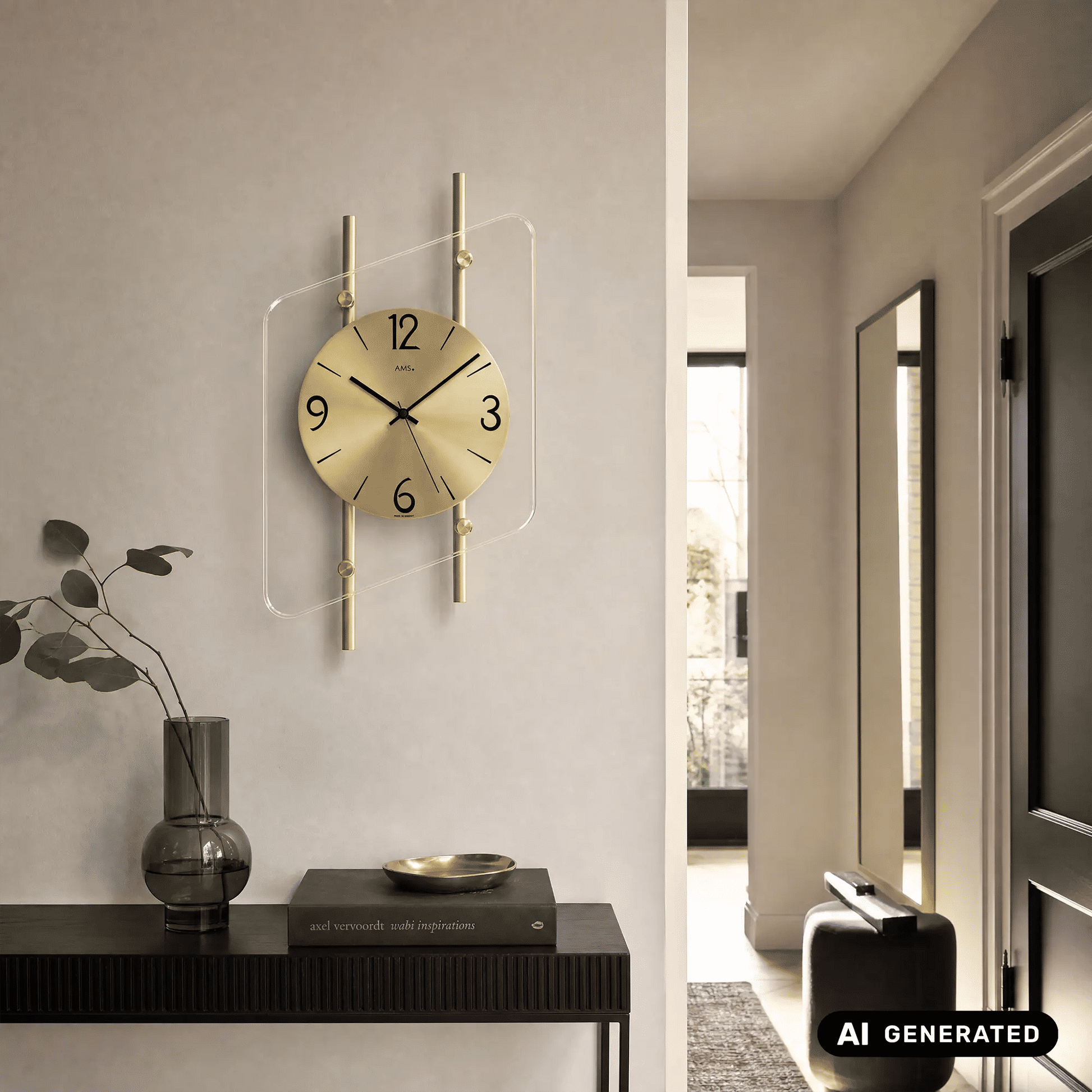 AMS Wanduhr mit goldenen Stäben und transparentem Mineralglasrahmen, Ziffern 12 bis 6