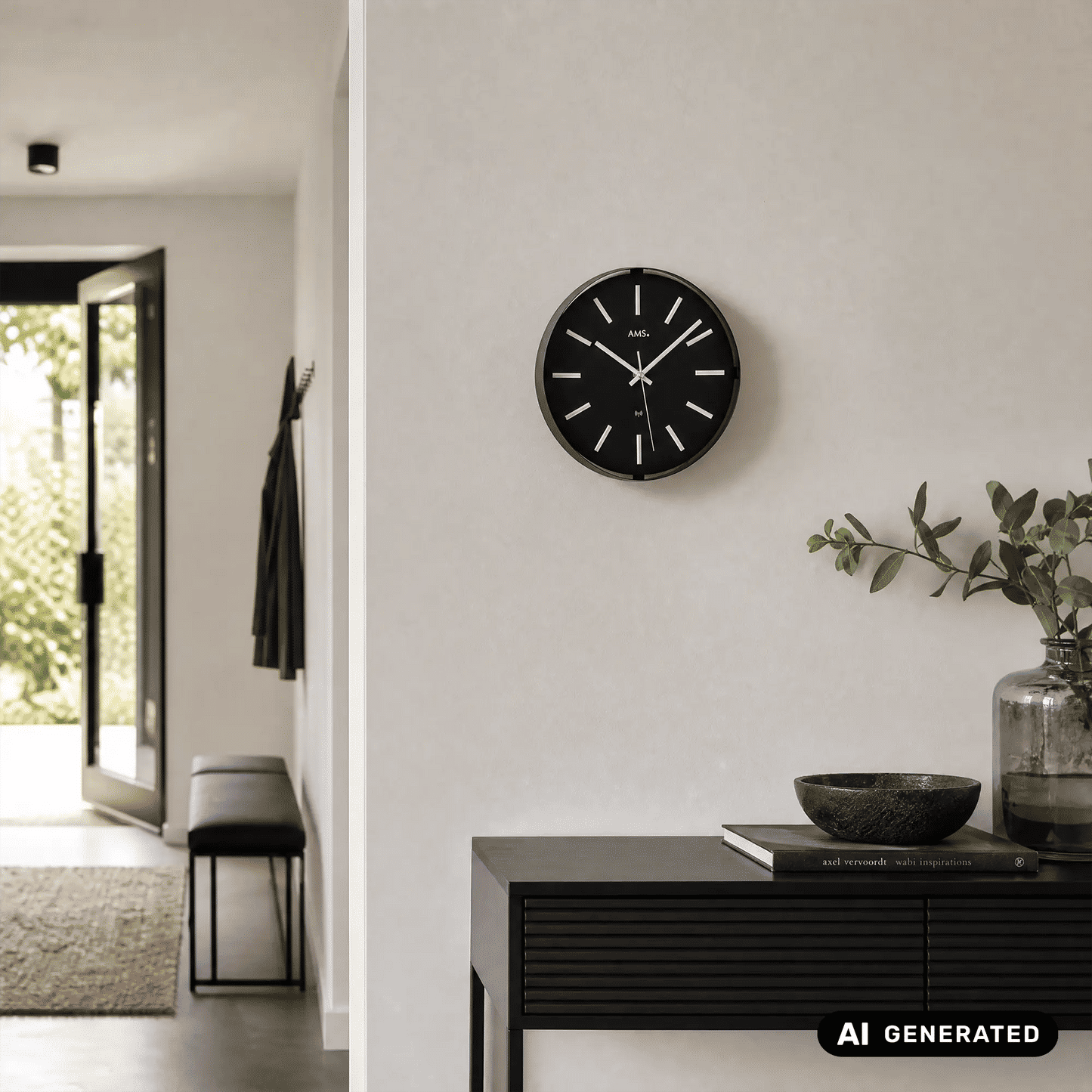 AMS Funk-Wanduhr an der Wand, schwarzes Zifferblatt mit silbernen Stundenmarken