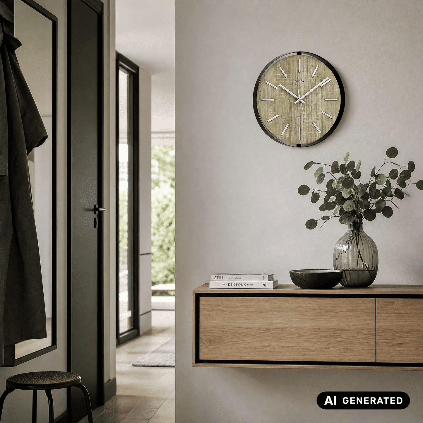 AMS Funk-Wanduhr rundes Design mit gold-beigem Ziffernblatt und silbernen Zeigern