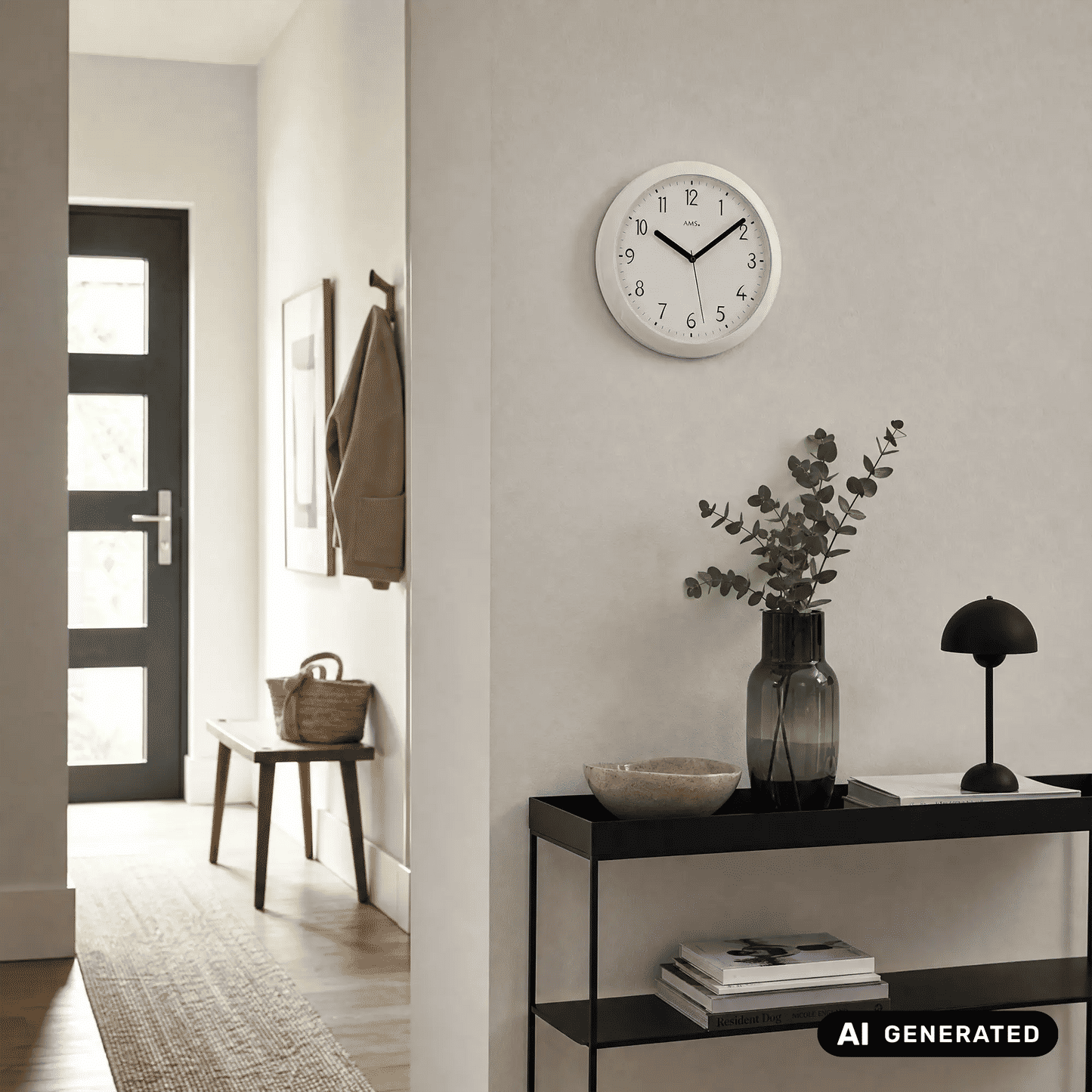 Weiße runde Wanduhr an der Wand, schwarze Zeiger, Zahlen von 1 bis 12.