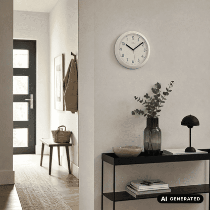 Weiße runde Wanduhr an der Wand, schwarze Zeiger, Zahlen von 1 bis 12.