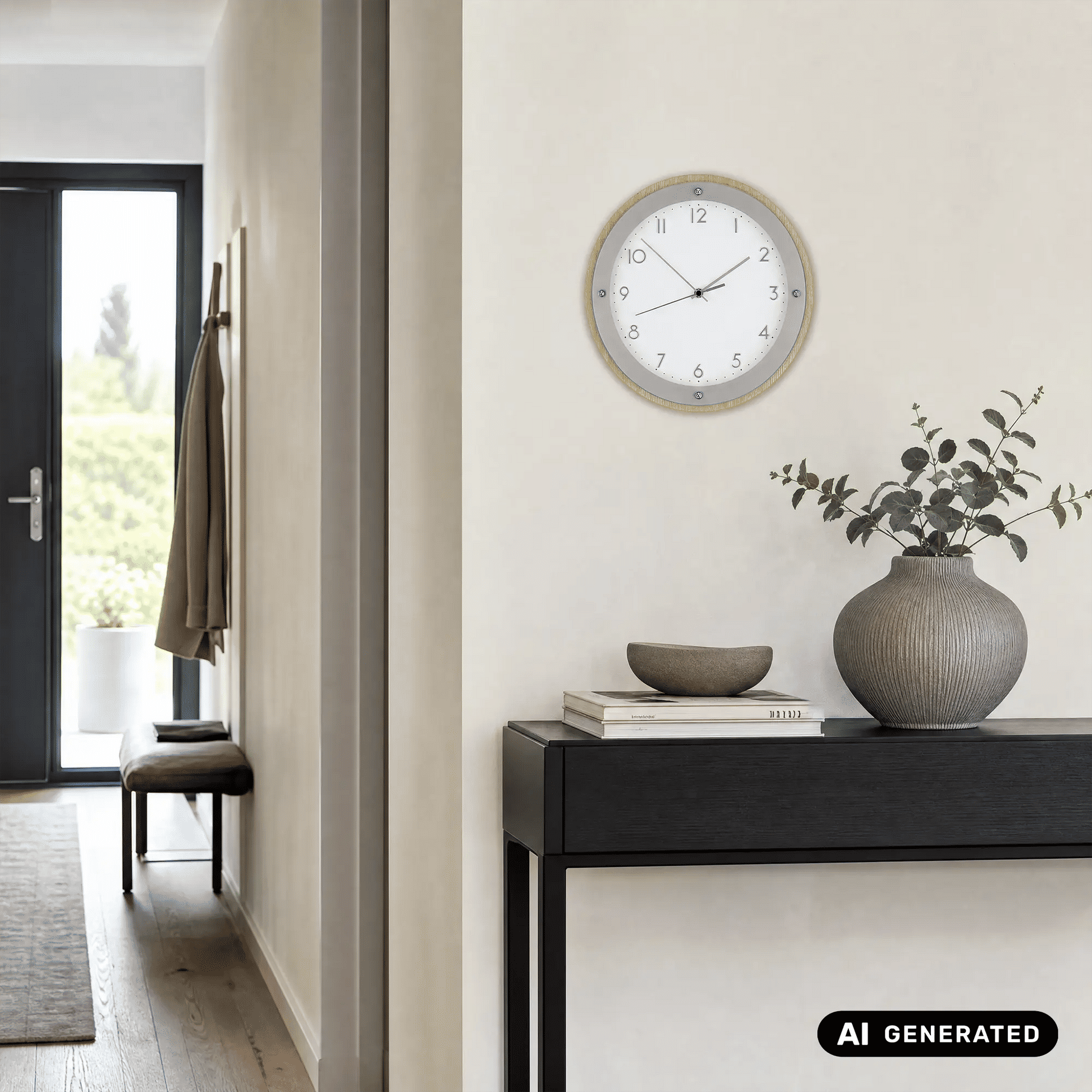 Runde Wanduhr an der Wand mit Holzrahmen, grauem Rand und weißem Ziffernblatt