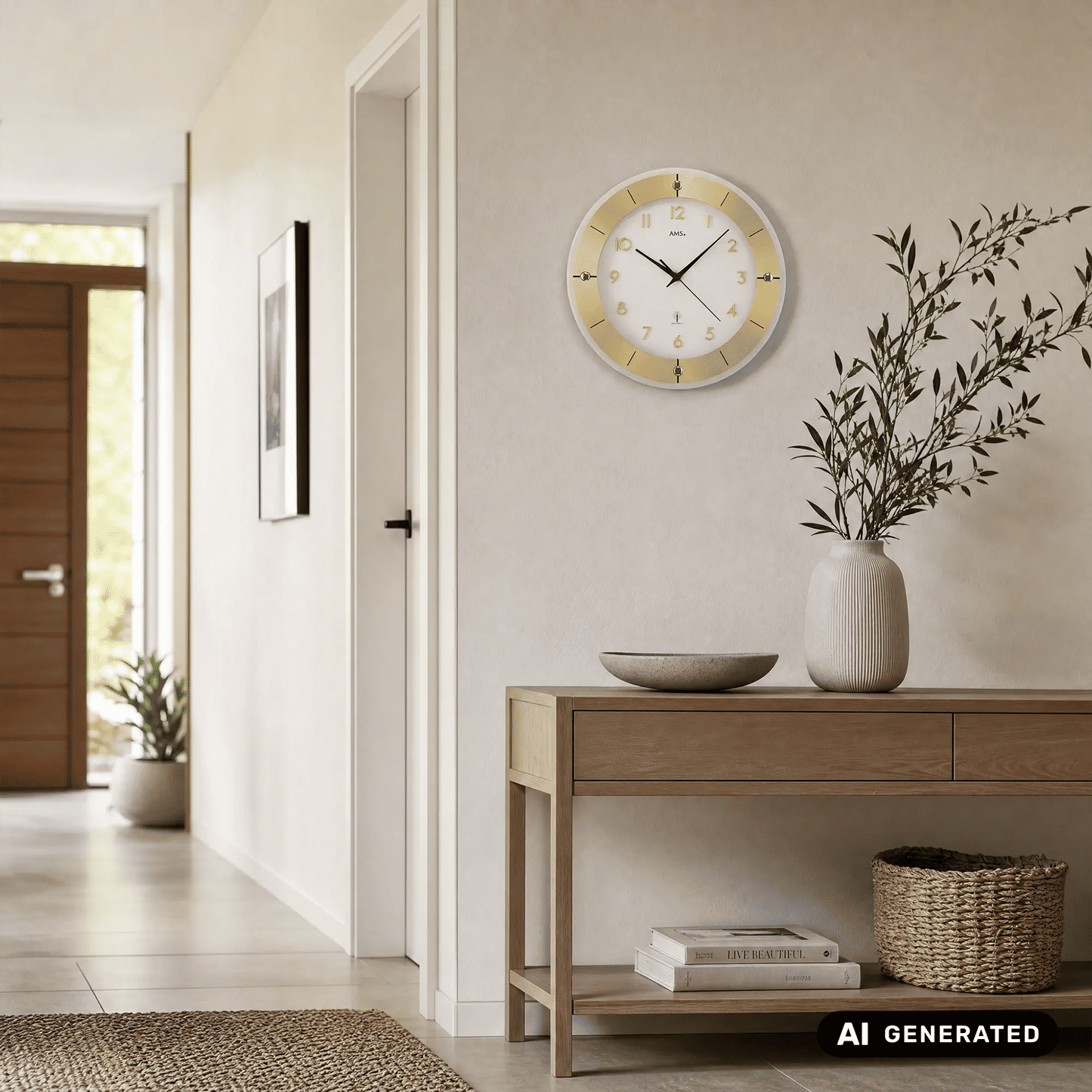 Wanduhr rund an der Wand: weißes Ziffernblatt, goldfarbener Rahmen, schwarze Zeiger