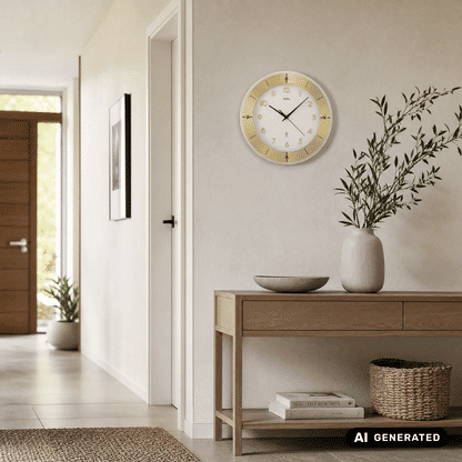 Wanduhr rund an der Wand: weißes Ziffernblatt, goldfarbener Rahmen, schwarze Zeiger