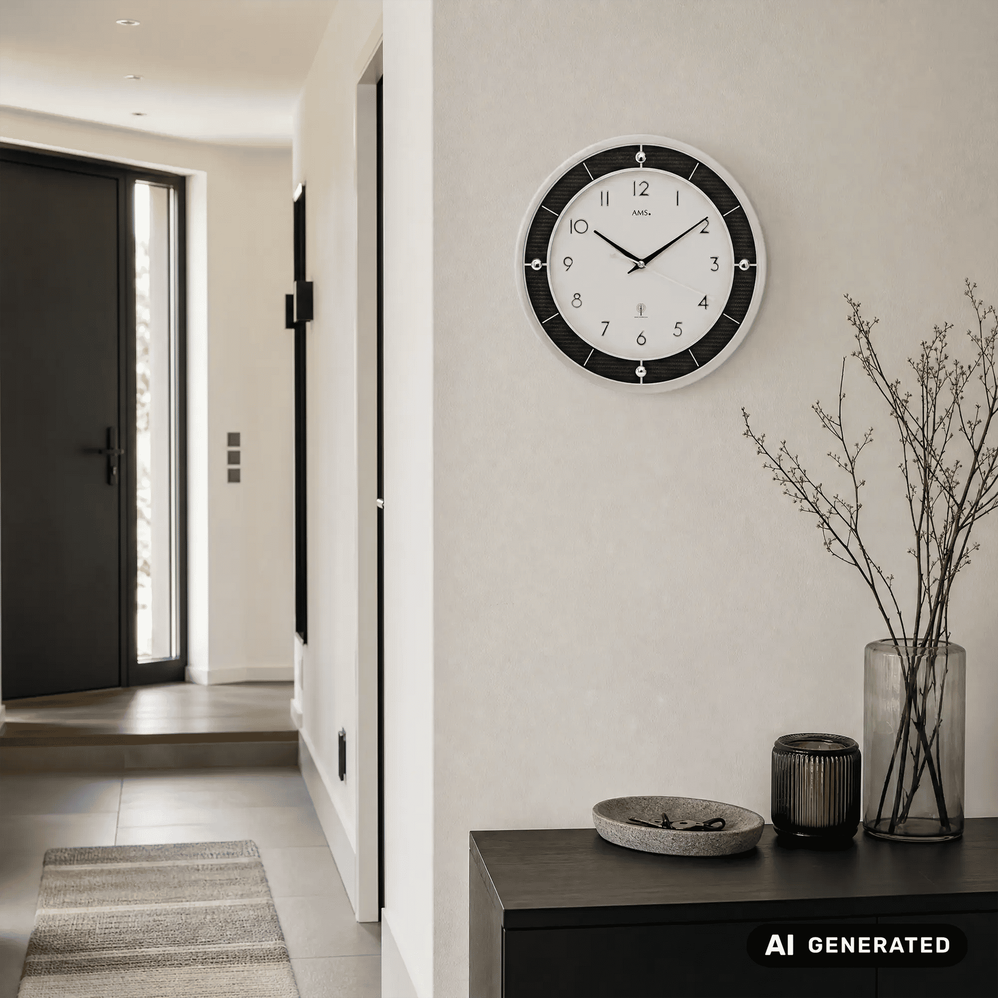 Wanduhr an heller Wand mit silbernem Rand, weißem Zifferblatt und schwarzen Zeigern