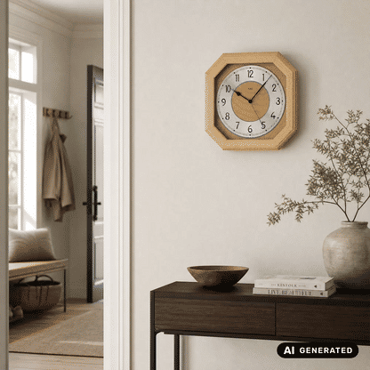 Funk-Wanduhr im Holzgehäuse mit großem Aluminium-Ziffernring an der Wand