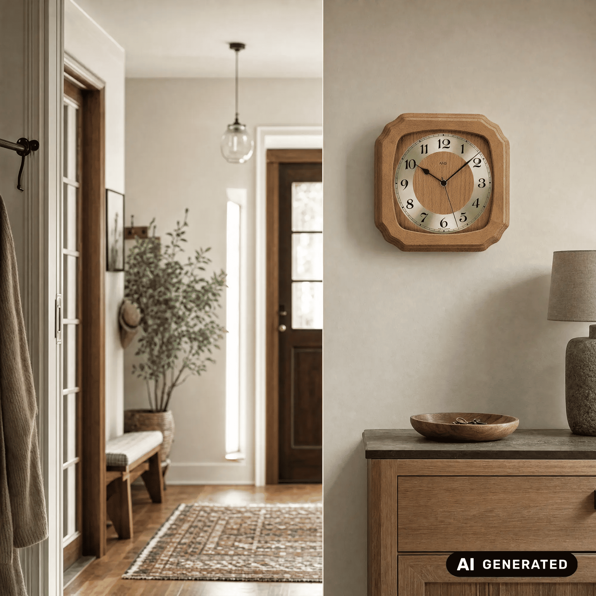 Funk-Wanduhr im Holzrahmen an der Wand mit Glasabdeckung und blauen Zeigern