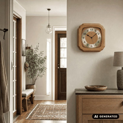 Funk-Wanduhr im Holzrahmen an der Wand mit Glasabdeckung und blauen Zeigern