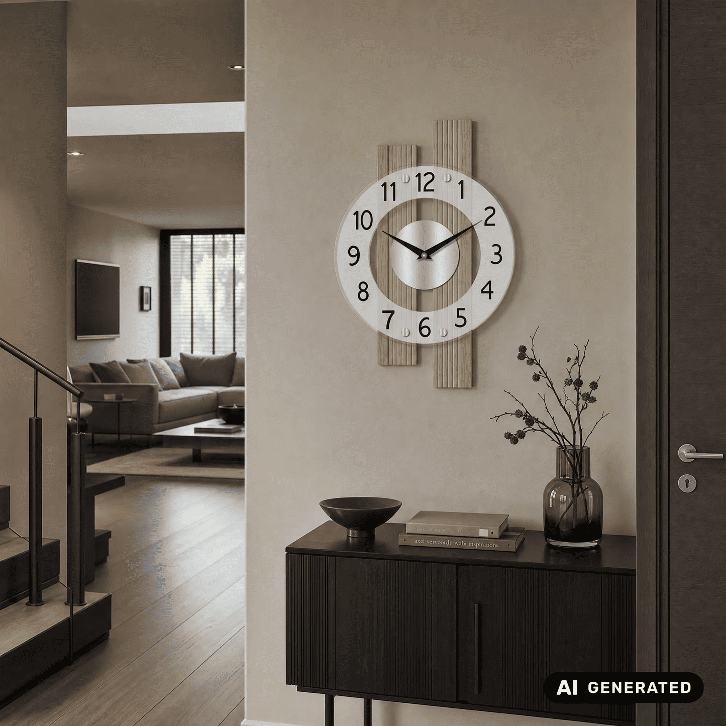 Wanduhr mit rundem weißen Zifferblatt, Eichenholzrahmen und schwarzen Stundenmarkierungen
