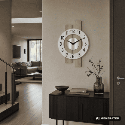 Wanduhr mit rundem weißen Zifferblatt, Eichenholzrahmen und schwarzen Stundenmarkierungen