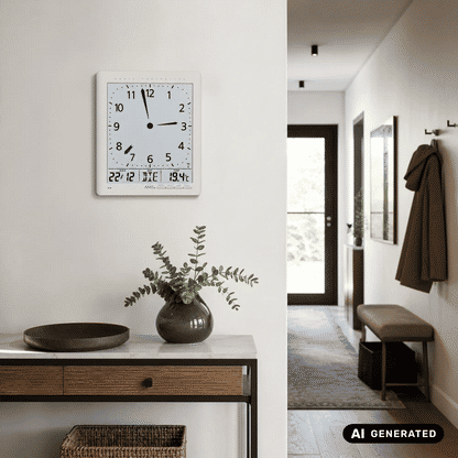 Silberne Funk-Wanduhr an der Wand mit analoger Zeitanzeige und digitaler Temperaturanzeige