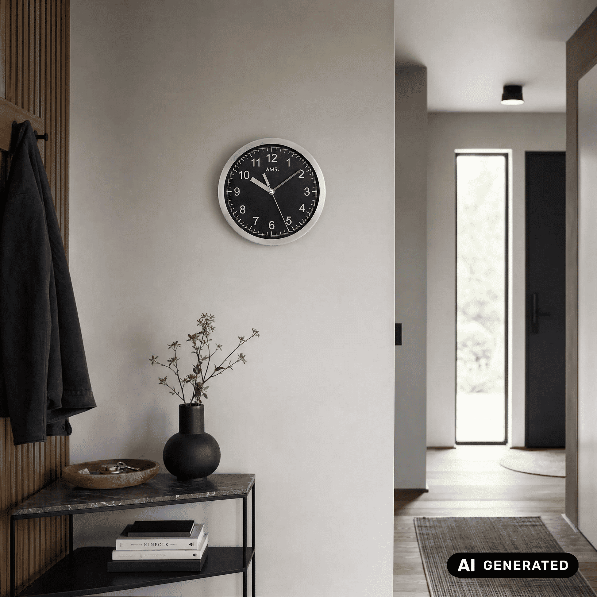 Wanduhr an der Wand mit schwarzem Ziffernblatt, silbernem Aluminiumrahmen und AMS