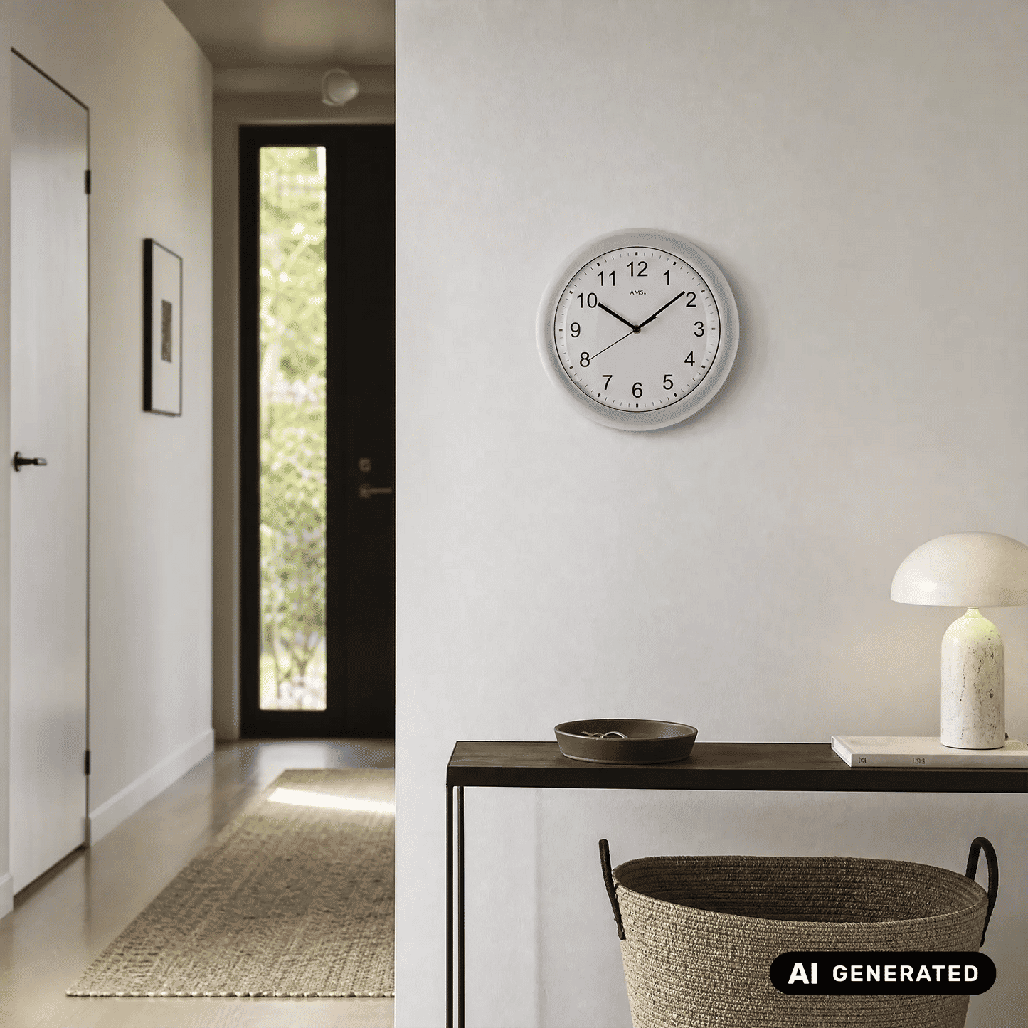 Wanduhr mit silbernem Gehäuse und weißem Zifferblatt, schwarze Ziffern und Zeiger