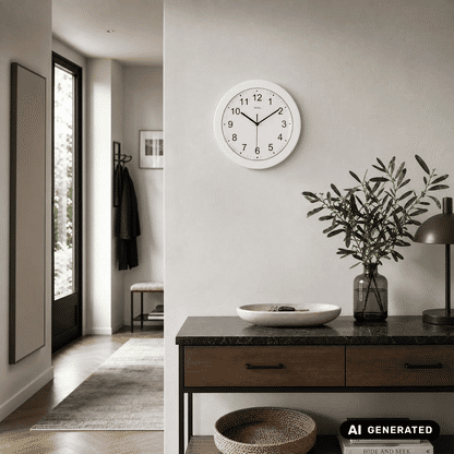 Weiße Funk-Wanduhr an der Wand, rundes Ziffernblatt mit schwarzen Stunden- und Minutenzeigern