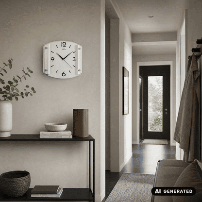 Silberne Wanduhr an der Wand mit weißem Zifferblatt, schwarzen Zahlen und Mineralglas.
