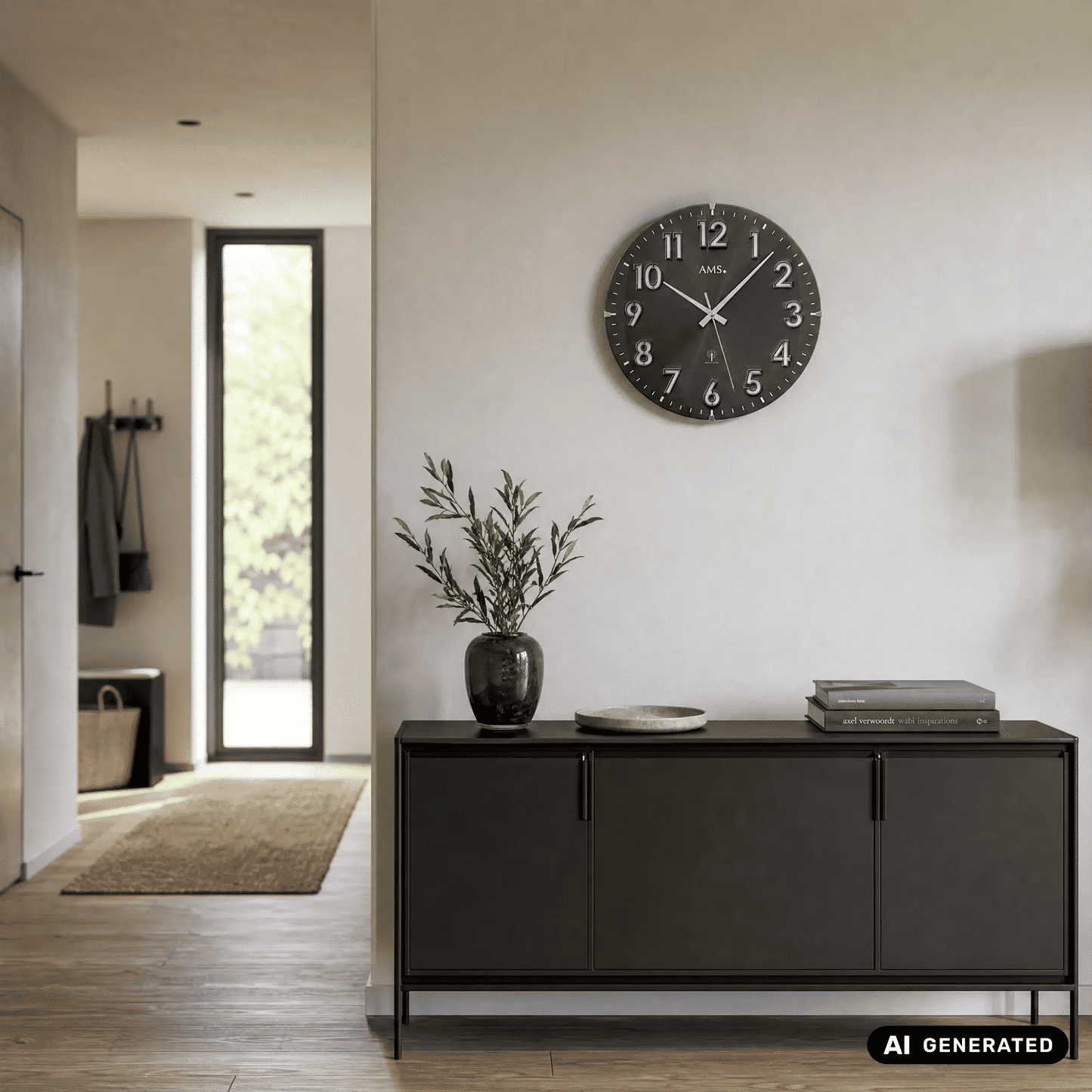 AMS Funk-Wanduhr mit rundem, dunklem Zifferblatt, silbernen Ziffern 1–12 und Sekundenanzeige