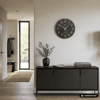 AMS Funk-Wanduhr mit rundem, dunklem Zifferblatt, silbernen Ziffern 1–12 und Sekundenanzeige