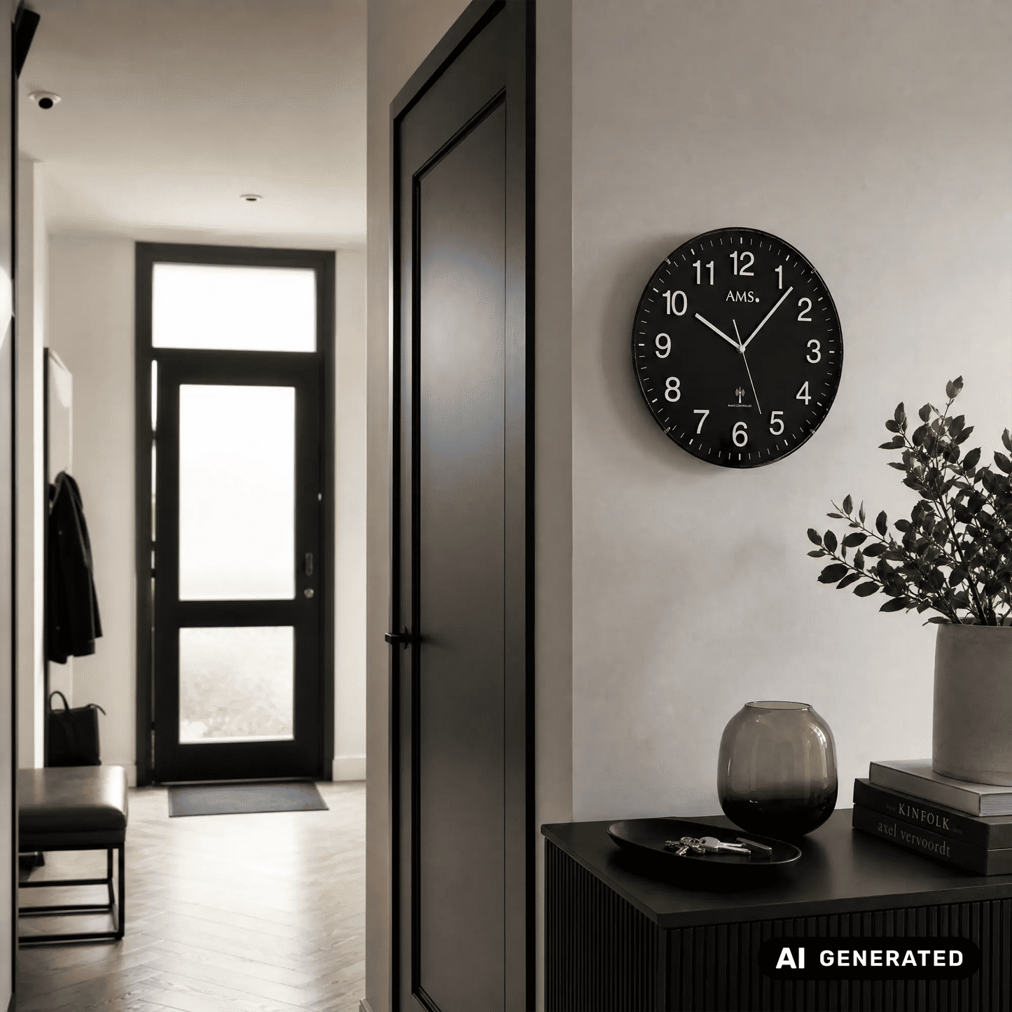 Schwarze AMS Wanduhr an der Wand mit weißen Ziffern, zwei Zeigern und Funk-Symbol