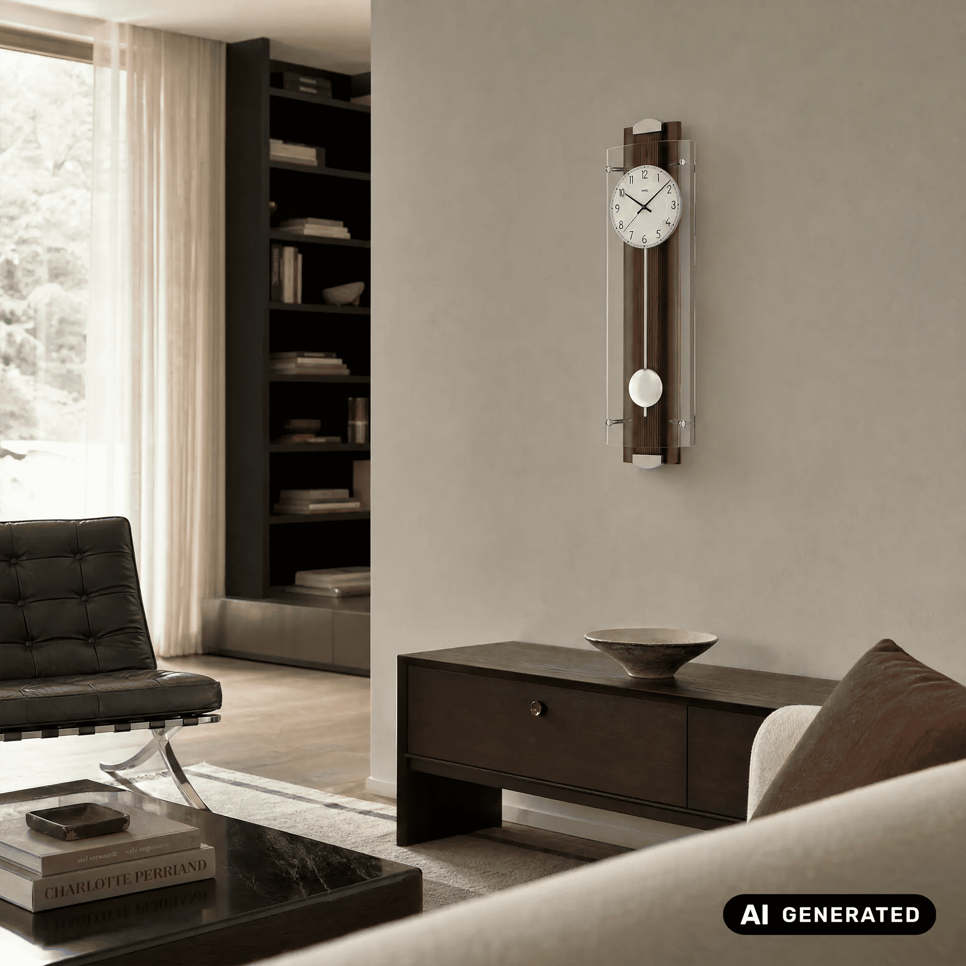 Funk-Pendeluhr mit Mineralglas: brauner Rahmen, Ziffernblatt und weißer Pendelball