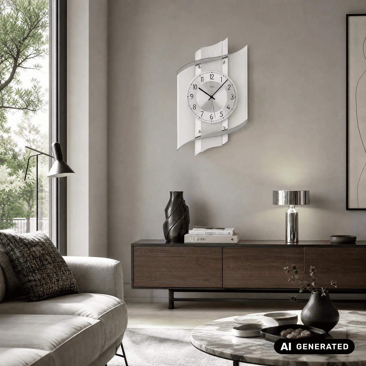 Wanduhr mit Holz- und Metallrahmen, weißem Zifferblatt und runden Zahlen