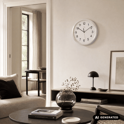 Wanduhr an der Wand mit silbernem Gehäuse, arabischen Ziffern und Zeigern.