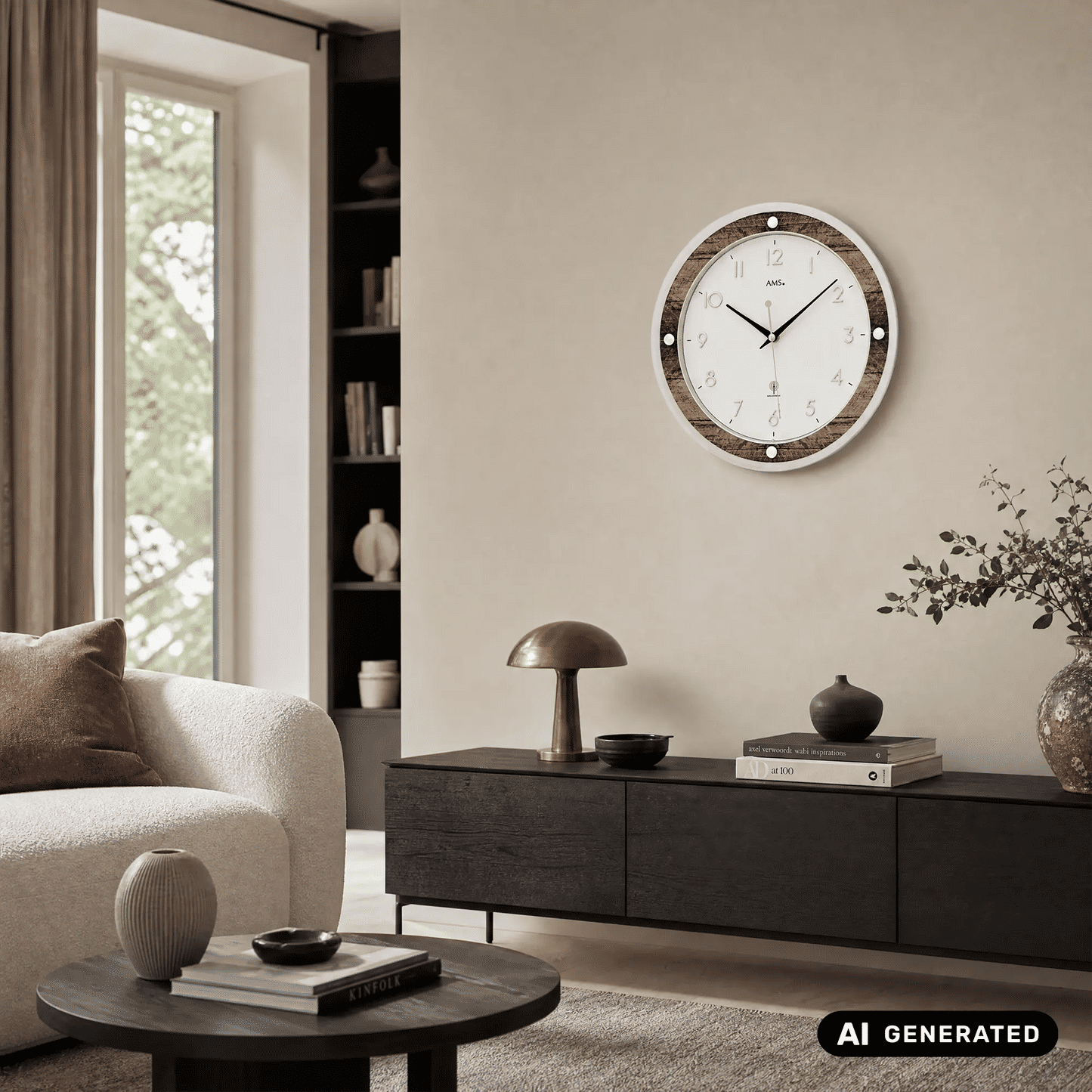 AMS Funkwerk Wanduhr an der Wand: weißes Zifferblatt mit schwarzen Zeigern und braunem Holzrand