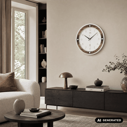 AMS Funkwerk Wanduhr an der Wand: weißes Zifferblatt mit schwarzen Zeigern und braunem Holzrand
