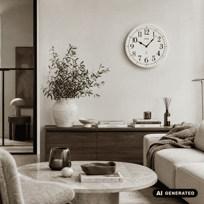 Wanduhr über Sofa: rundes Zifferblatt mit schwarzen Zeigern und AMS-Logo