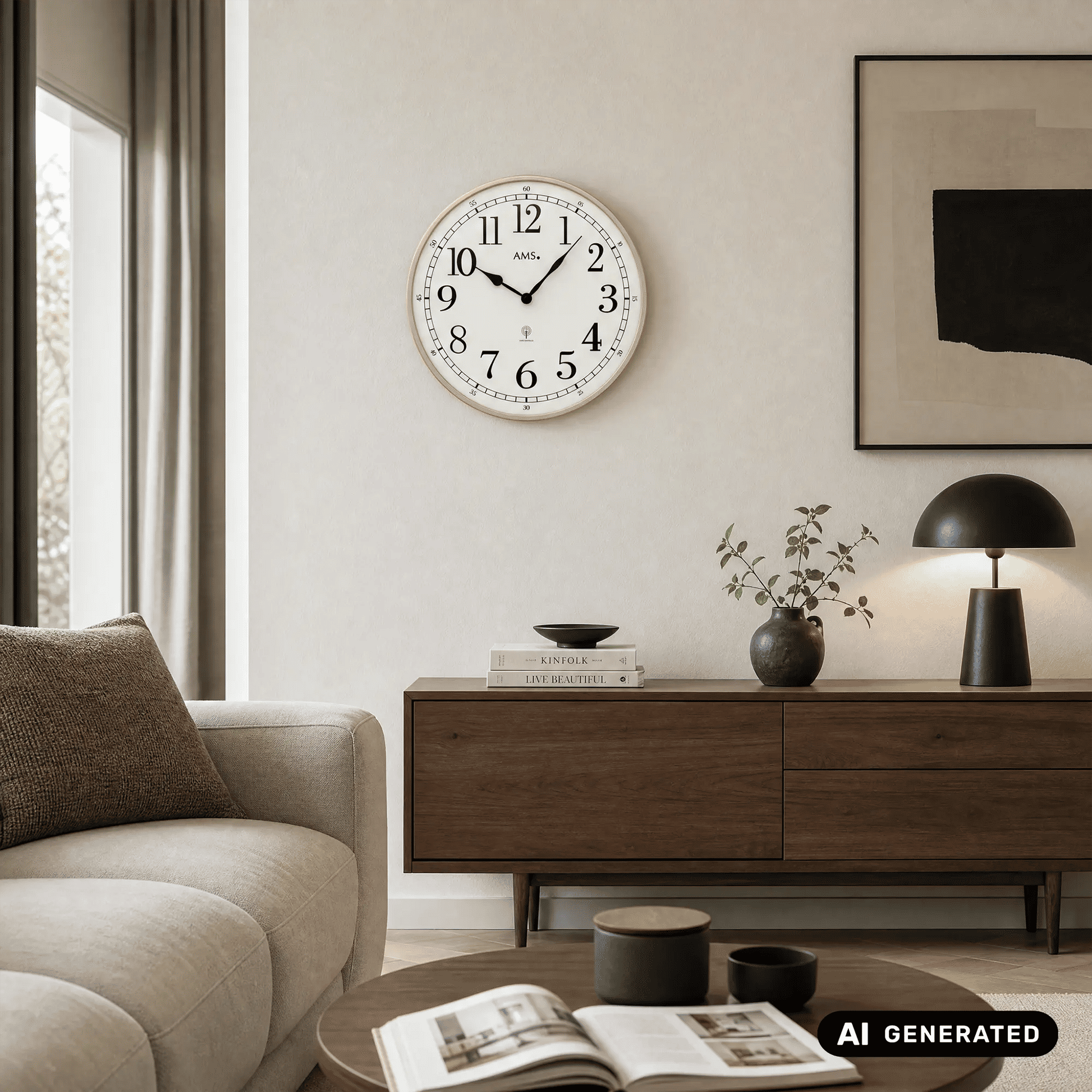 Wanduhr an der Wand mit rundem Messingrahmen, weißem Ziffernblatt und schwarzen Zeigern