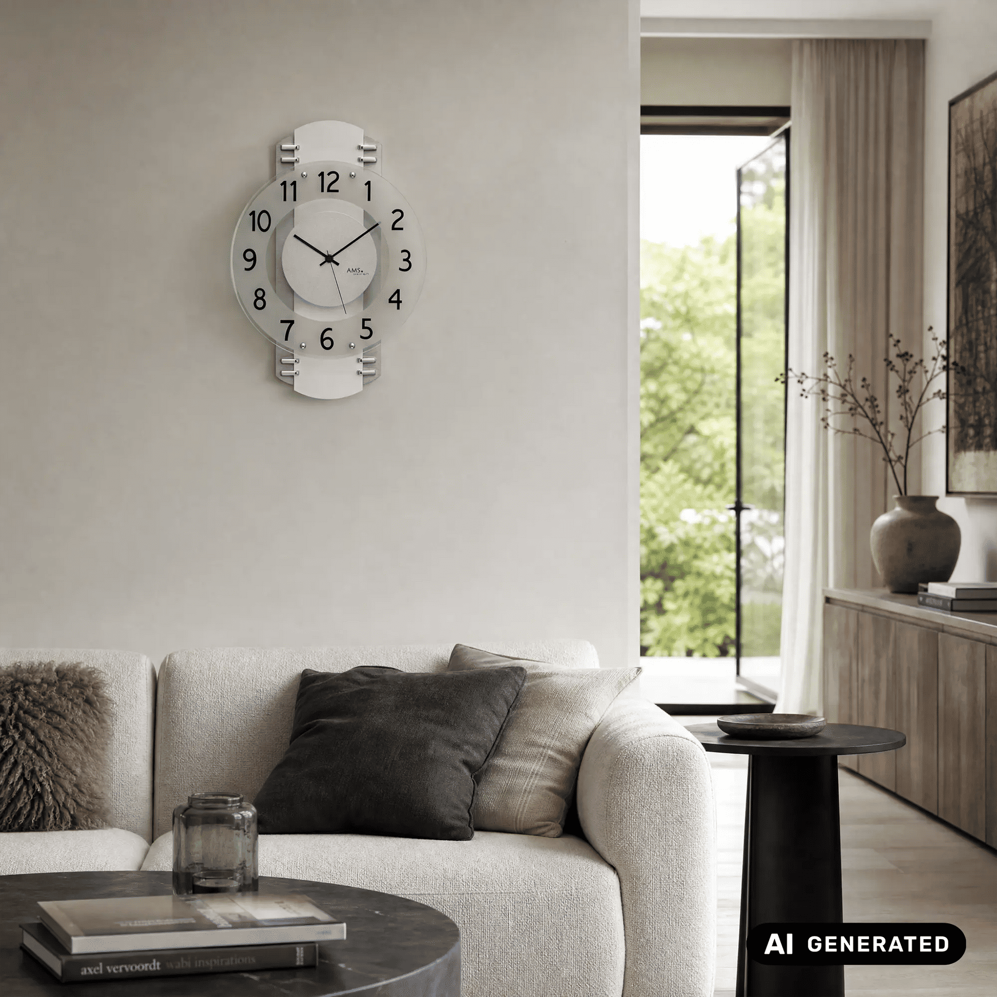 AMS Funkwanduhr an der Wand mit weißem Rahmen, grauem Zifferblatt und schwarzen Zeigern.