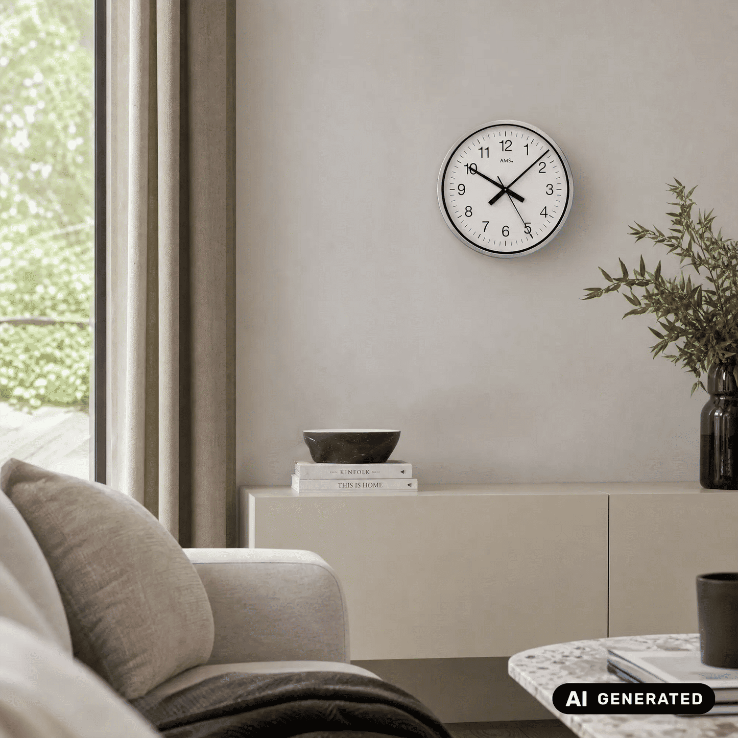 Runde Wanduhr mit weißem Zifferblatt, schwarzen Zeigern und Aluminiumrand