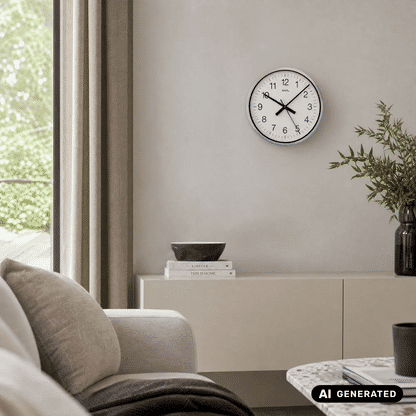 Runde Wanduhr mit weißem Zifferblatt, schwarzen Zeigern und Aluminiumrand
