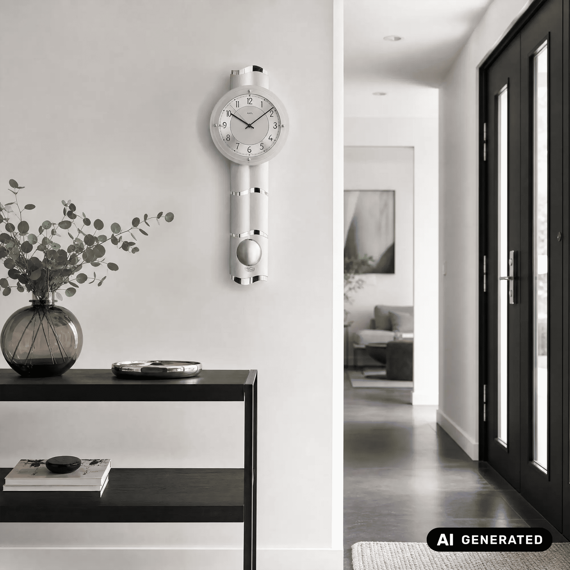 Silberne Funk-Pendelwanduhr an der Wand über Konsole mit rundem Zifferblatt