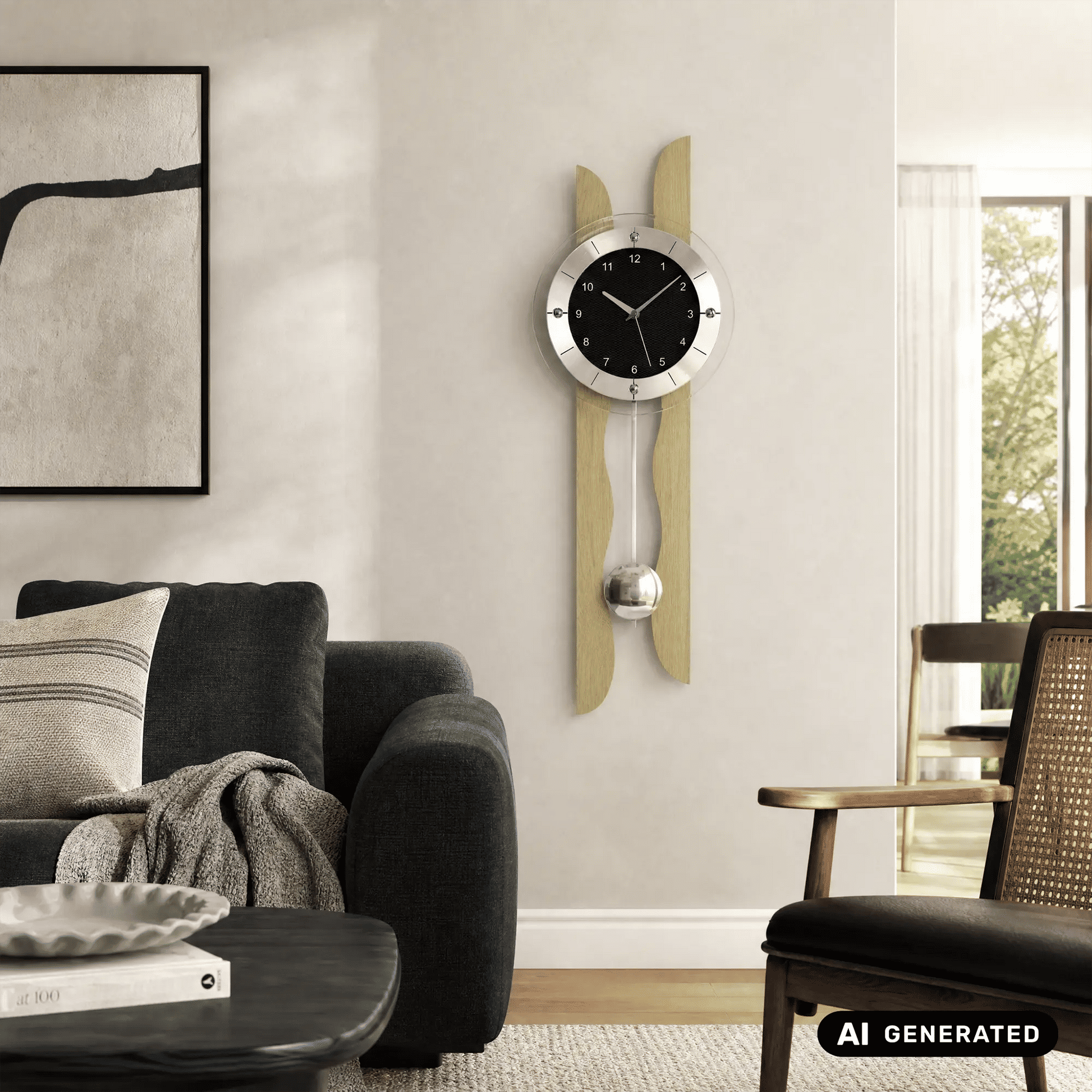 Wanduhr mit schwarzem Zifferblatt und Glas-Pendel, Ahornholz auf heller Wand